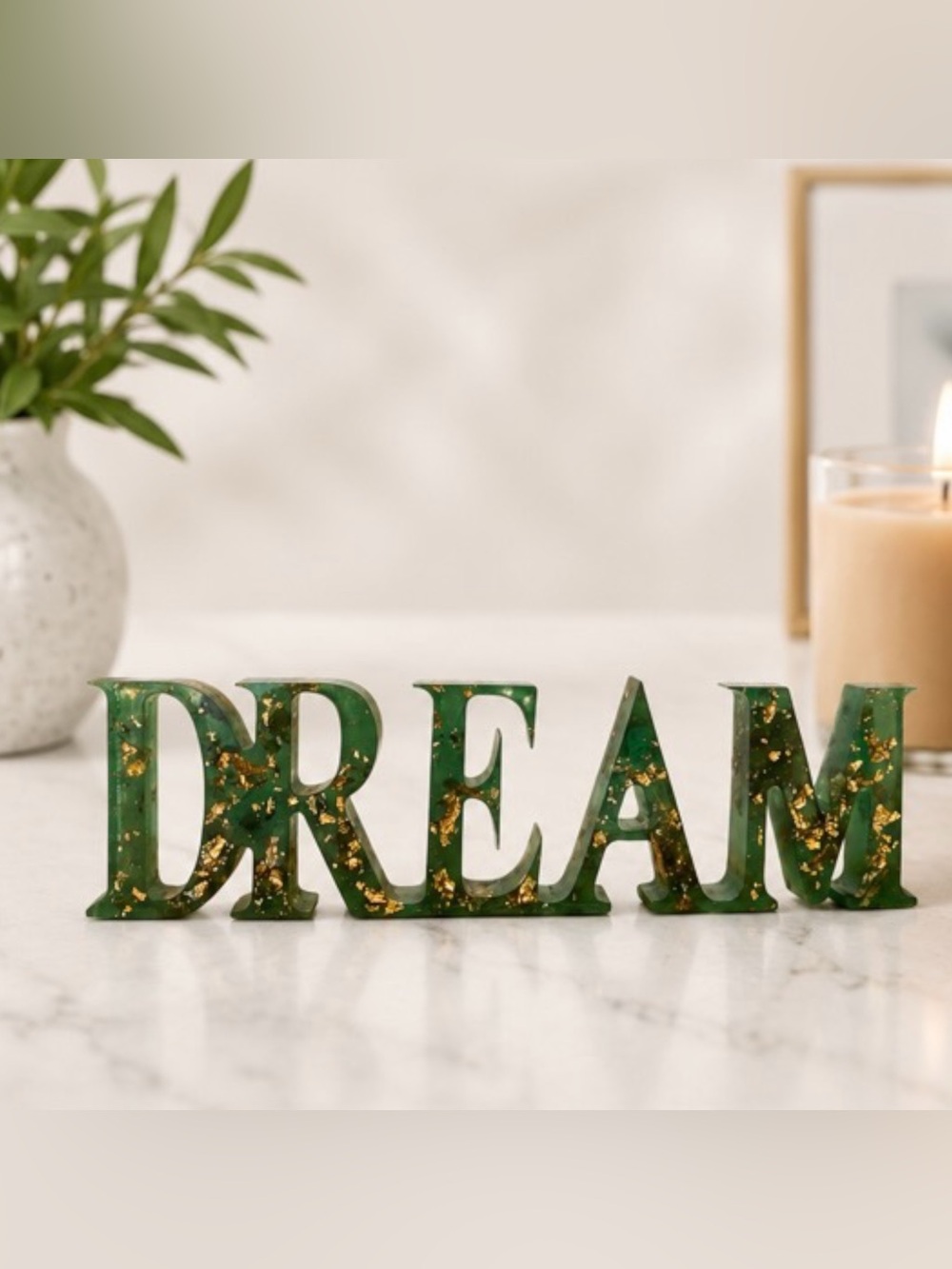 Green 'DREAM' Decorative Word Accent with Gold Flakes